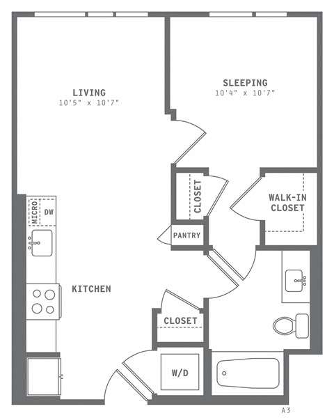 Floor plan for 1 bed, 1 bath, 597 sqft